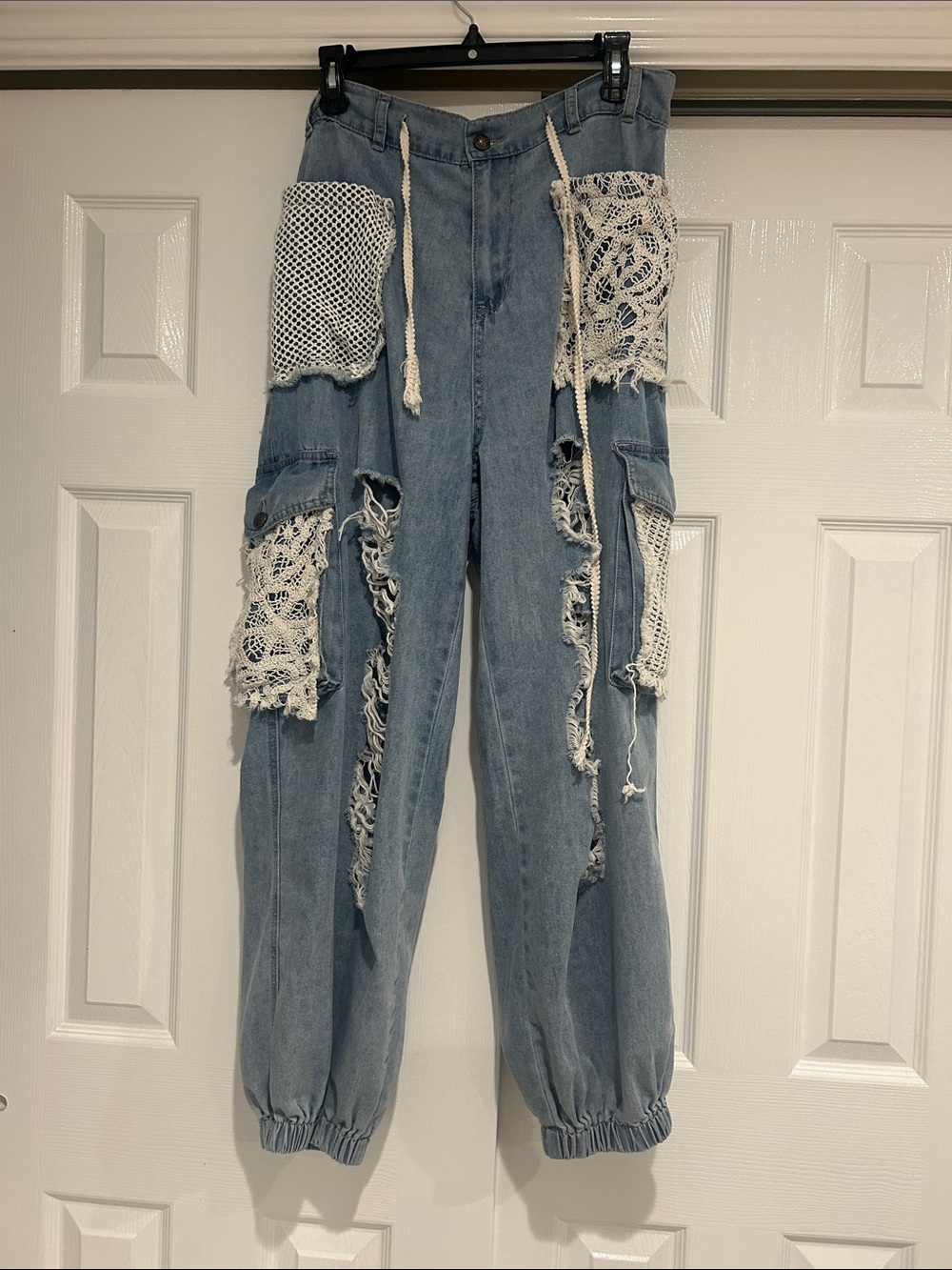 POL Light Blue Distressed Cropped Cargo Jeans with Crochet Patches
